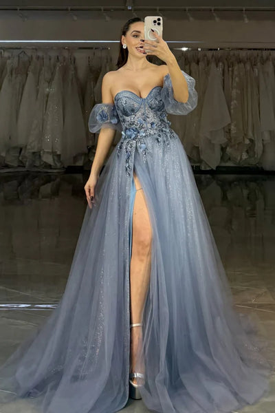 Sweetheart Neck Dark Gray Long Beaded Prom Dresses, Gray Beaded Long Formal Evening Dresses