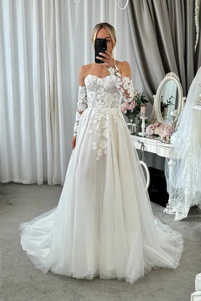 Sweetheart Neck Long Sleeves Ivory Lace Wedding Dresses, Long Sleeves Lace Bridal Dresses
