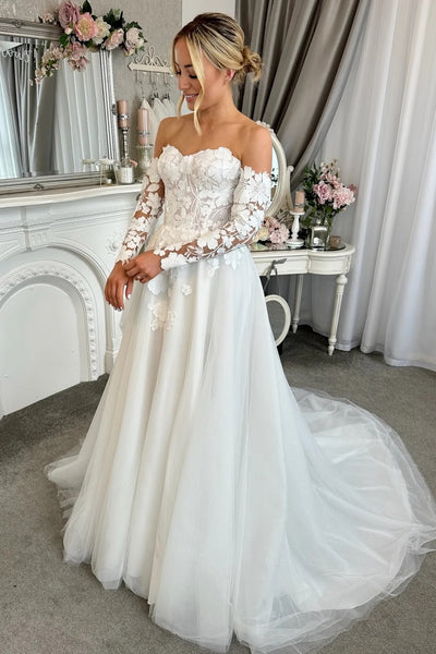 Sweetheart Neck Long Sleeves Ivory Lace Wedding Dresses, Long Sleeves Lace Bridal Dresses