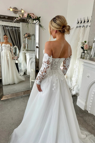Sweetheart Neck Long Sleeves Ivory Lace Wedding Dresses, Long Sleeves Lace Bridal Dresses