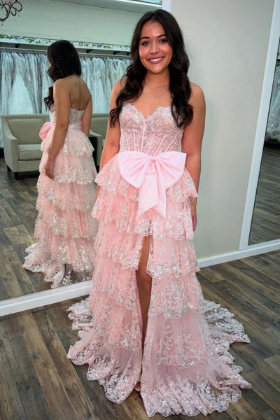 Sweetheart Neck Pink Black Layered Lace Prom Dresses with Bow, Pink Black Layered Lace Formal Dresses