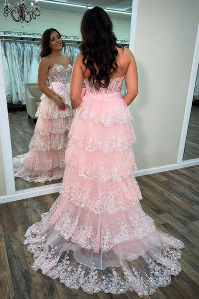 Sweetheart Neck Pink Black Layered Lace Prom Dresses with Bow, Pink Black Layered Lace Formal Dresses