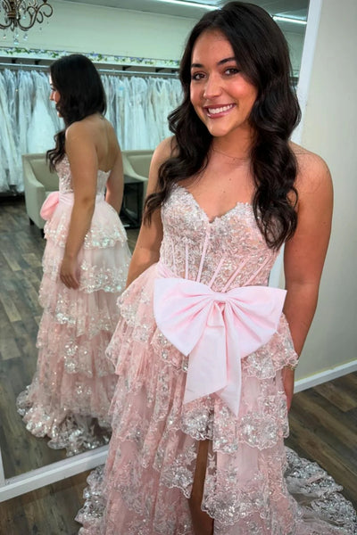 Sweetheart Neck Pink Black Layered Lace Prom Dresses with Bow, Pink Black Layered Lace Formal Dresses