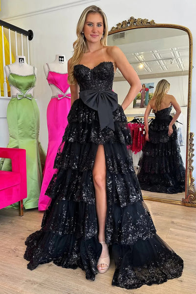 Sweetheart Neck Pink Black Layered Lace Prom Dresses with Bow, Pink Black Layered Lace Formal Dresses