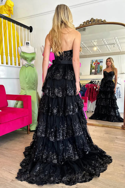 Sweetheart Neck Pink Black Layered Lace Prom Dresses with Bow, Pink Black Layered Lace Formal Dresses