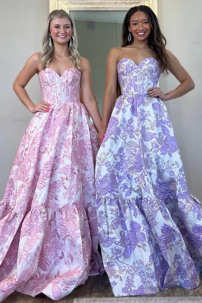 Sweetheart Neck Pink Blue Purple Printed Floral Satin Long Prom Dresses, Printed Floral Formal Evening Dresses
