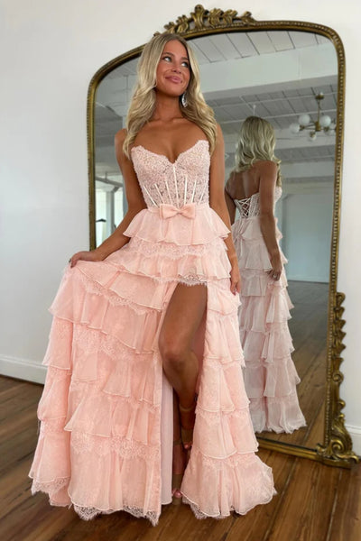 Sweetheart Neck Pink Yellow Layered Lace Prom Dresses, Pink Yellow Layered Lace Formal Evening Dresses