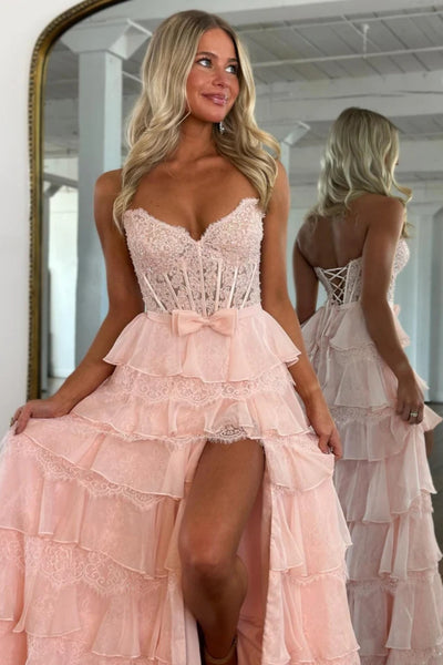 Sweetheart Neck Pink Yellow Layered Lace Prom Dresses, Pink Yellow Layered Lace Formal Evening Dresses