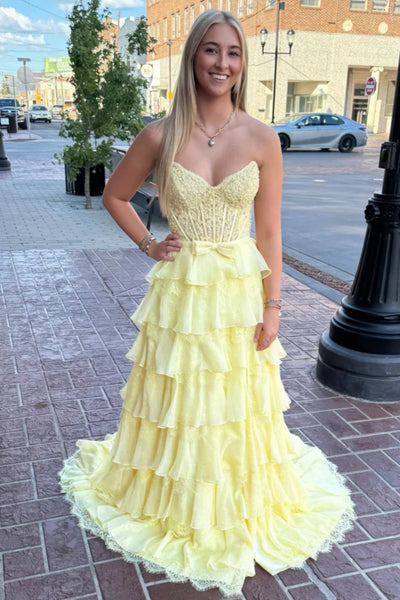 Sweetheart Neck Pink Yellow Layered Lace Prom Dresses, Pink Yellow Layered Lace Formal Evening Dresses