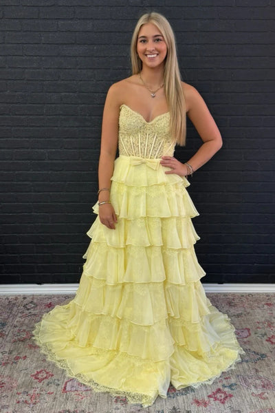 Sweetheart Neck Pink Yellow Layered Lace Prom Dresses, Pink Yellow Layered Lace Formal Evening Dresses