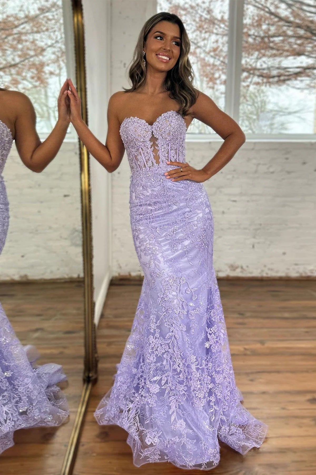 strapless open back dress Lilac Mermaid Spaghetti Straps Lace Up Back Prom Dress