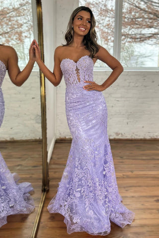Sweetheart Neck Purple Mermaid Lace Prom Dresses, Purple Mermaid Lace Formal Evening Dresses