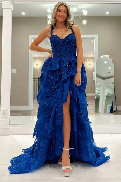 Sweetheart Neck Royal Blue Lace Layered Prom Dresses, Royal Blue Lace Layered Formal Evening Dresses