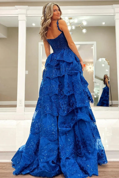 Sweetheart Neck Royal Blue Lace Layered Prom Dresses, Royal Blue Lace Layered Formal Evening Dresses