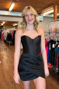Sweetheart Neck Short Black Red Prom Dresses, Short Black Red Satin Formal Homecoming Dresses