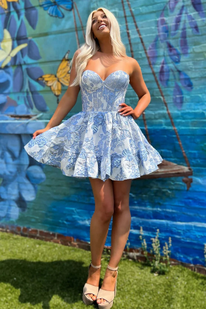 Sweetheart Neck Short Blue Floral Prom Dresses, Short Blue Floral Grad
