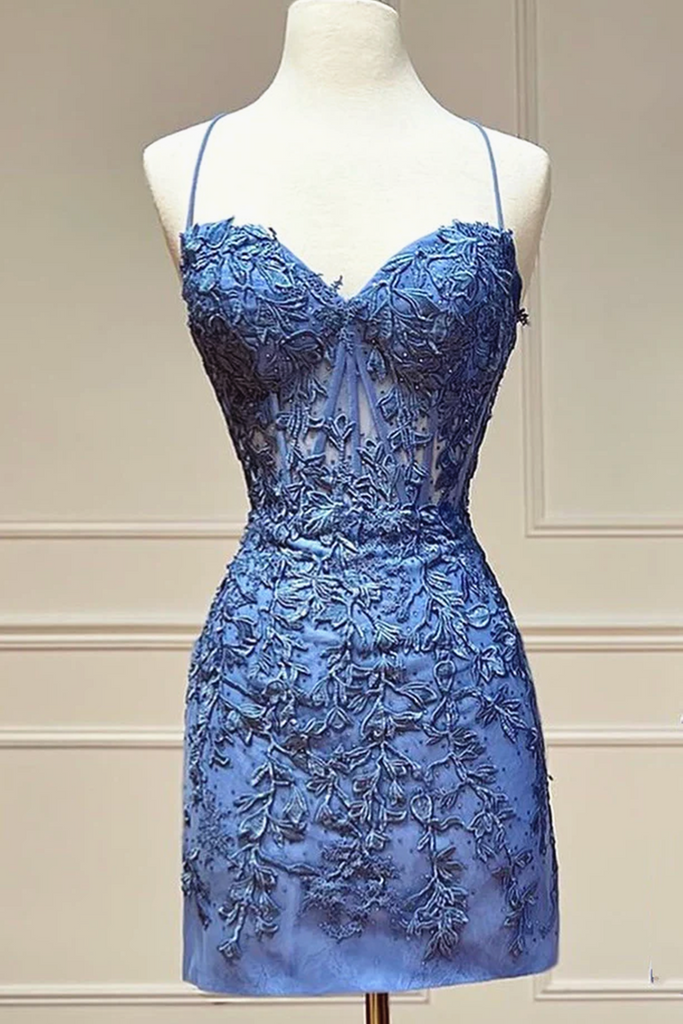 Sweetheart Neck Short Blue Lace Prom Dresses, Short Blue Lace Formal H