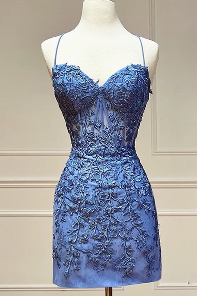 Sweetheart Neck Short Blue Lace Prom Dresses, Short Blue Lace Formal Homecoming Dresses EP2099