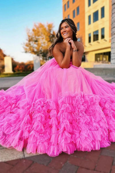 Sweetheart Neck Strapless Pink Tulle Long Prom Dresses, Long Pink Formal Graduation Evening Dresses