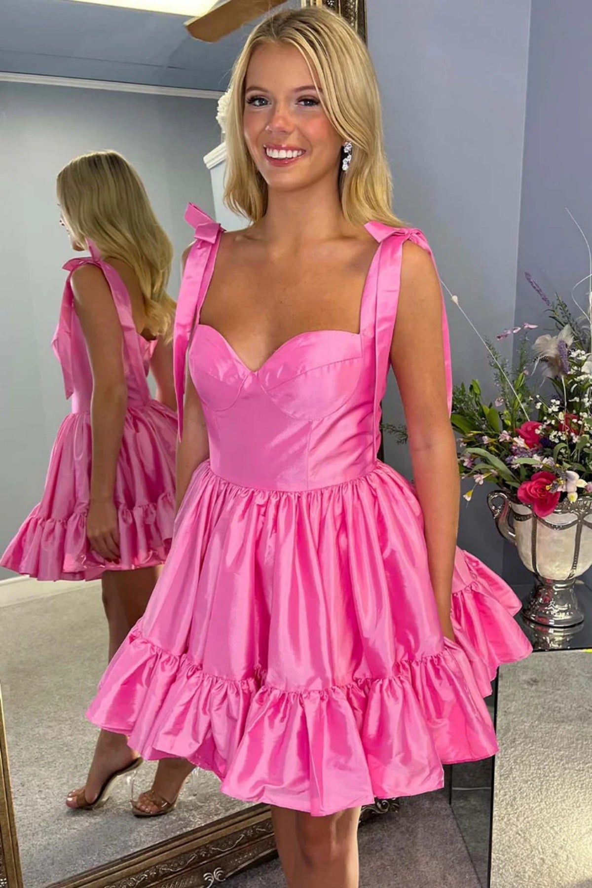 Sweetheart Neck Straps Pink Green Short Prom Dresses, Short Pink Green Eip Collection Sweetheart Neck Straps Pink Green Short Prom Dresses, Short Pink Green Eip Collection