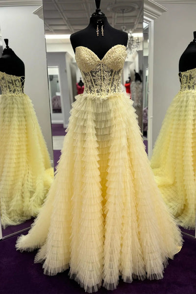 Sweetheart Neck Yellow Blue Pink Lace Prom Dresses, Strapless Multi Layers Long Lace Formal Evening Dresses