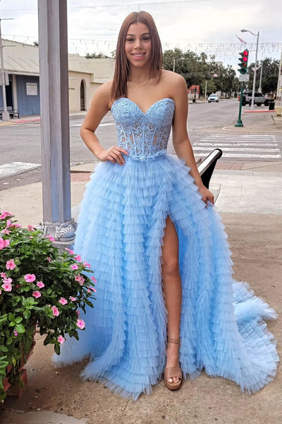 Sweetheart Neck Yellow Blue Pink Lace Prom Dresses, Strapless Multi Layers Long Lace Formal Evening Dresses