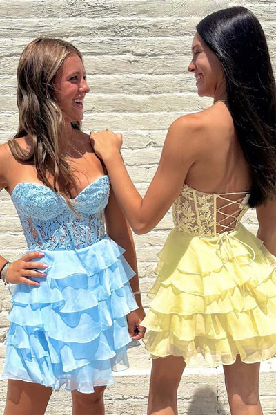Sweetheart Neck Yellow Blue Short Lace Prom Dresses, Short Yellow Blue Lace Formal Homecoming Dresses