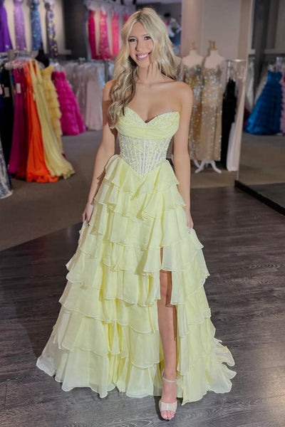 Sweetheart Neck Yellow Lace Layered Long Prom Dresses, Yellow Lace Layered Long Formal Evening Dresses
