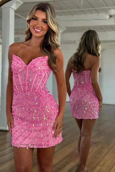  Sweetheart Short Sparkly Gold Tight Sequin Prom Dresses, Green Pink Burgundy Tight Sparkly Formal Homecoming Dresses