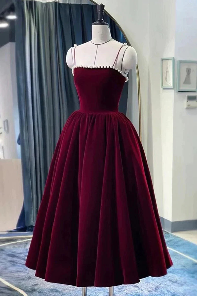 Tea Length Velvet Black Burgundy Prom Dresses, Black Burgundy Velvet T Eip Collection Tea Length Velvet Black Burgundy Prom Dresses, Black Burgundy Velvet T Eip Collection