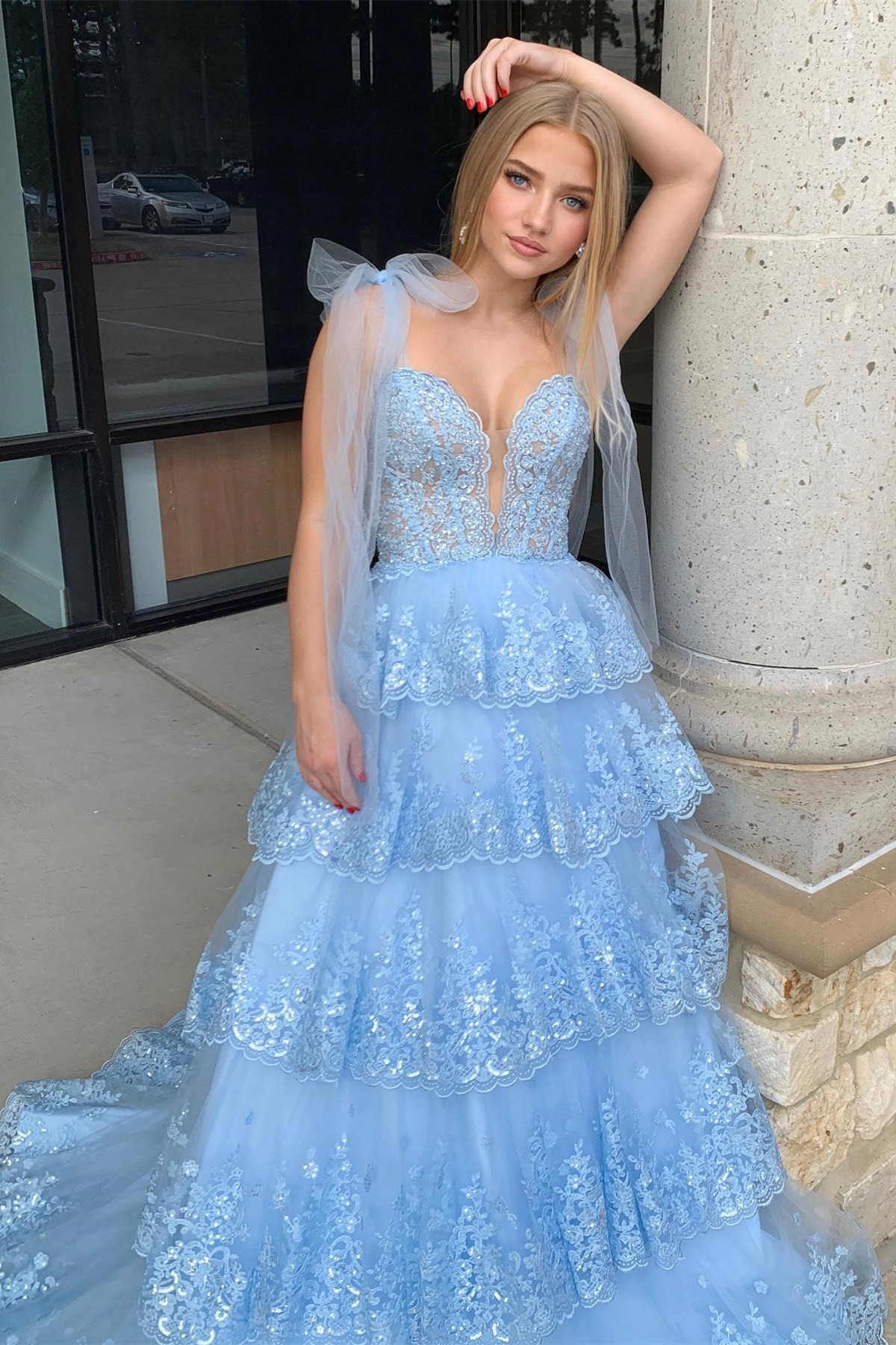 Tie Staps V Neck Layered Lace Prom Dress, Layered Lace Formal Evening Eip Collection Tie Staps V Neck Layered Lace Prom Dress, Layered Lace Formal Evening Eip Collection