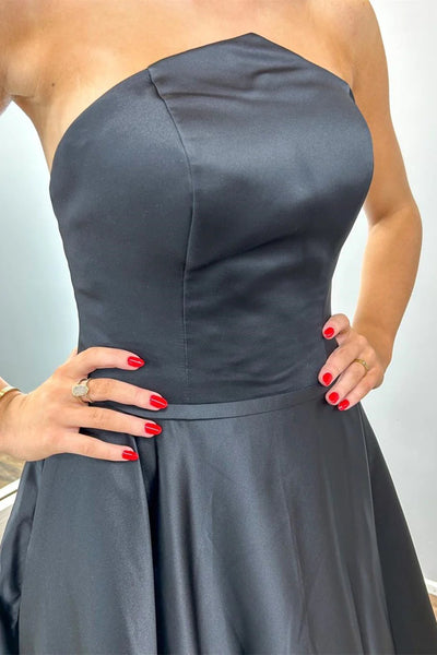 Unique Open Back Strapless Black Satin Long Prom Dresses, Strapless Black Formal Dresses, Long Black Evening Dresses