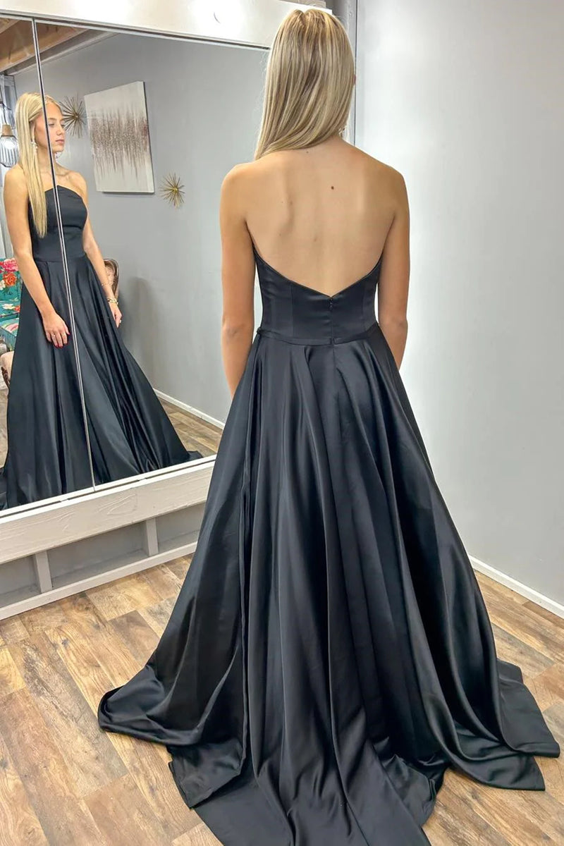 Unique Open Back Strapless Black Satin Long Prom Dresses, Strapless Bl