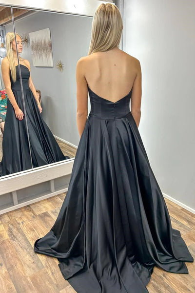 Unique Open Back Strapless Black Satin Long Prom Dresses, Strapless Black Formal Dresses, Long Black Evening Dresses