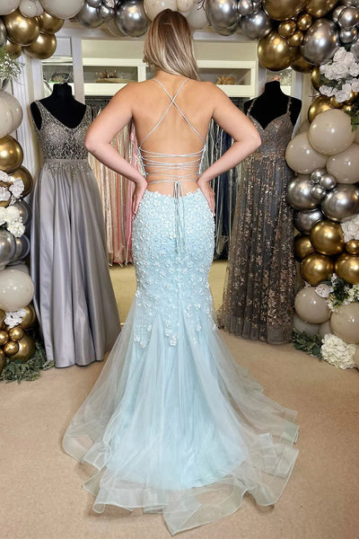V Neck Backless Mermaid Light Blue Lace Long Prom Dresses, Mermaid Light Blue Formal Dresses, Light Blue Lace Evening Dresses