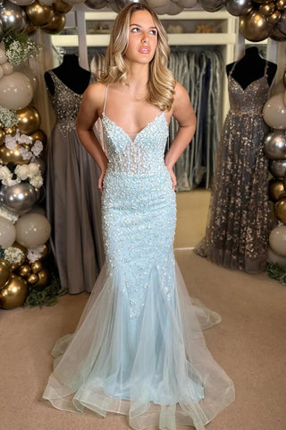 V Neck Backless Mermaid Light Blue Lace Long Prom Dresses, Mermaid Light Blue Formal Dresses, Light Blue Lace Evening Dresses