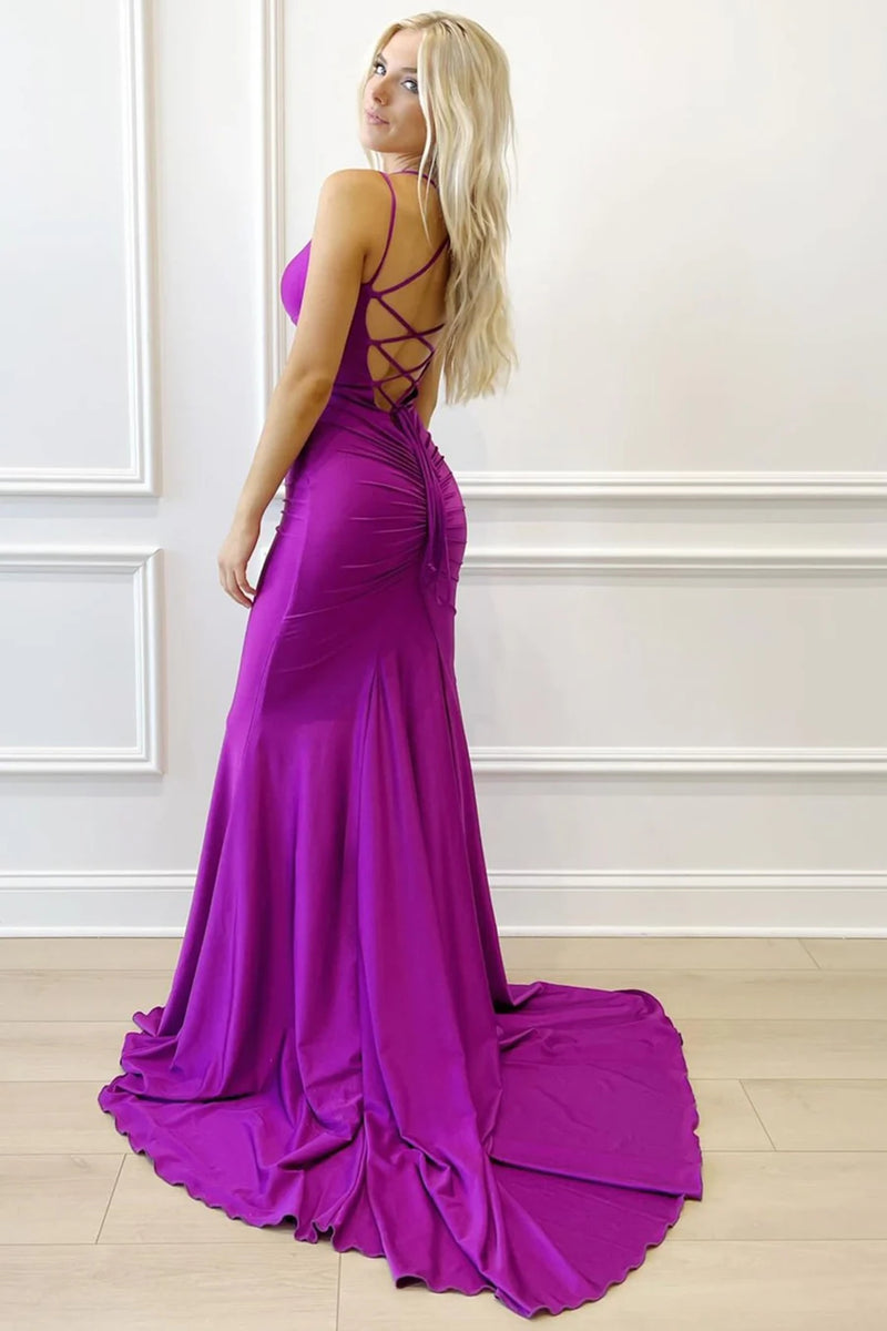 Mermaid V Neck Purple Satin Long Prom Dress with Cross Back VK26021303