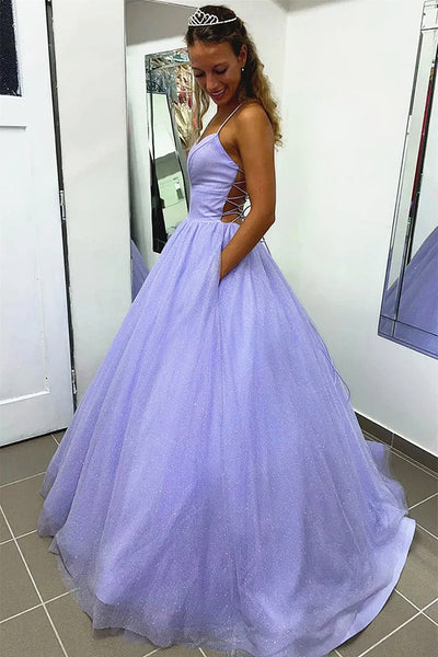 V Neck Backless Purple Lace Prom Dresses, Open Back Purple Lace Long Formal Evening Dresses