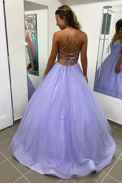 V Neck Backless Purple Lace Prom Dresses, Open Back Purple Lace Long Formal Evening Dresses