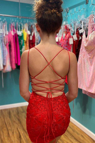V Neck Backless Red Lace Prom Dresses, Short Red Lace Homecoming Dresses, Red Formal Evening Dresses