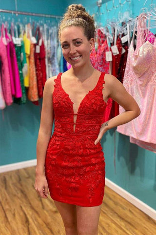 V Neck Backless Red Lace Prom Dresses, Short Red Lace Homecoming Dresses, Red Formal Evening Dresses