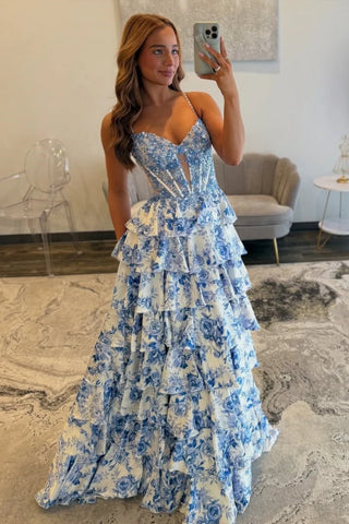 V Neck Blue Floral Lace Prom Dresses, Blue Lace Floral Long Formal Evening Dresses