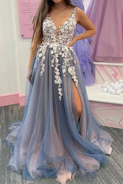 V Neck Blue Lace Floral Long Prom Dresses, V Neck Blue Floral Long Formal Evening Dresses