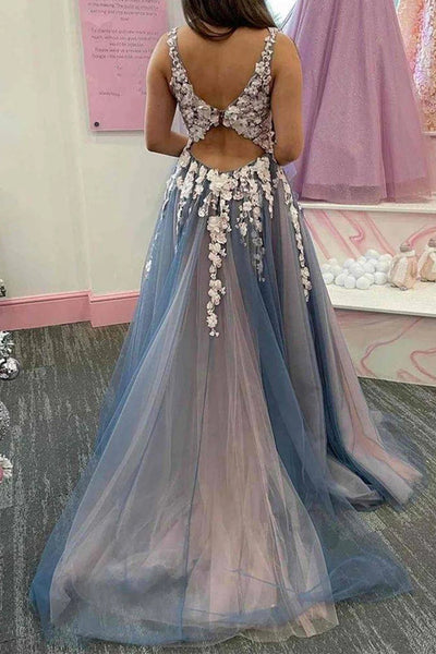 V Neck Blue Lace Floral Long Prom Dresses, V Neck Blue Floral Long Formal Evening Dresses