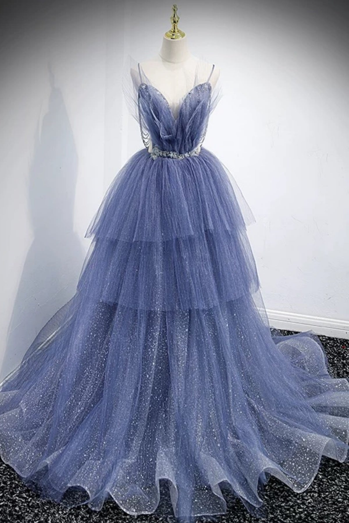 V Neck Blue Tulle Beaded Long Prom Dresses, Blue V Neck Long Formal Evening Dresses