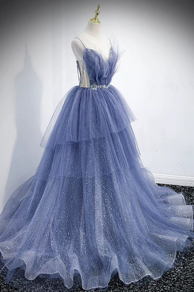V Neck Blue Tulle Beaded Long Prom Dresses, Blue V Neck Long Formal Evening Dresses
