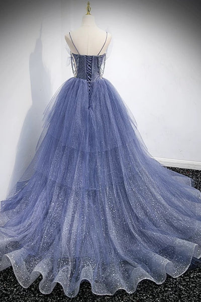 V Neck Blue Tulle Beaded Long Prom Dresses, Blue V Neck Long Formal Evening Dresses