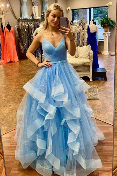 V Neck Blue Tulle Long Prom Dresses, Blue V Neck Long Tulle Formal Evening Dresses