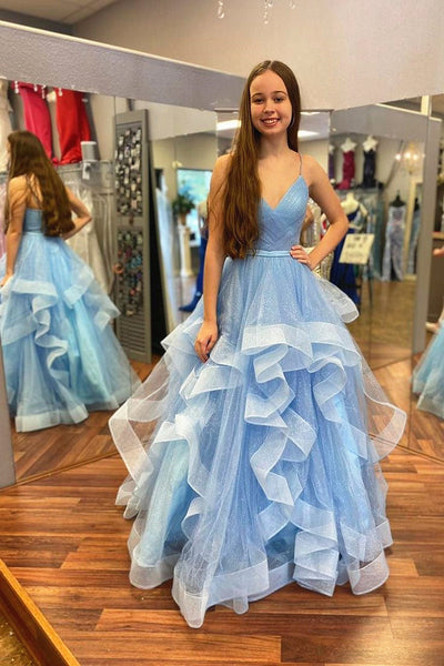 V Neck Blue Tulle Long Prom Dresses, Blue V Neck Long Tulle Formal Evening Dresses