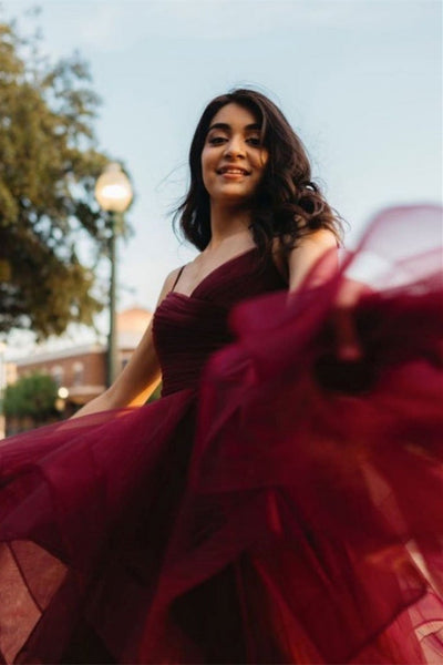 V Neck Burgundy Long Prom Dresses, V Neck Wine Red Long Formal Evening Dresses